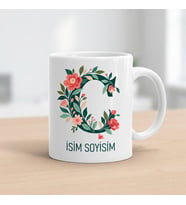 Kişiye Özel Baş Harf ve İsim Yazılı Çiçek Motiflili C Harfli Seramik Kupa Bardak