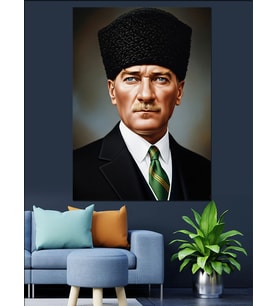 Kalpaklı Lider Siyah Beyaz Atatürk Dekoratif Kanvas - Mdf Ahşap Tablo