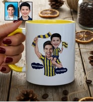 Kişiye Özel Karikatürlü Sarı Lacivert Taraftar Baba Oğul Kupa Bardak Babalar Günü Hediyesi