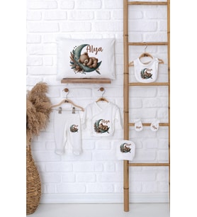 Pia Baby Premium %100 Pamuk İsme Özel Kız Bebek Hediye Seti Zıbın Yastık Kılıfı 5002-06 (Ekru)