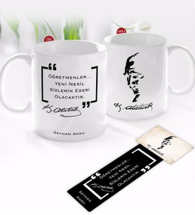 BK Gift Kişiye Özel İsimli Atatürk Temalı Kupa Bardak ve Ahşap Kitap Ayracı-22