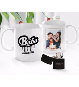 BK Gift Kişiye Özel Babalar Günü Hediyesi Fotoğraflı Kupa Bardak ve Benzinli Çakmak Seti-61 (Model 1)