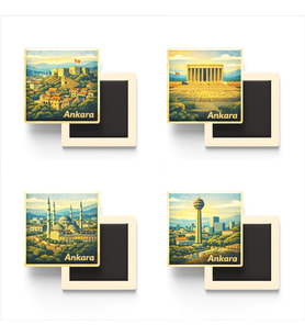 Ankara - Baskılı Buzdolap Magneti Kare - 9x9 cm - 4 Adet