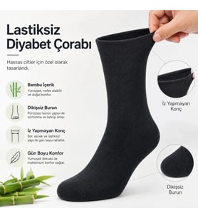 Biçomi Bambu Diyabet Çorabı (3’lü Paket, Lastiksiz, Dikişsiz Burun, Siyah, Uzun Konç)