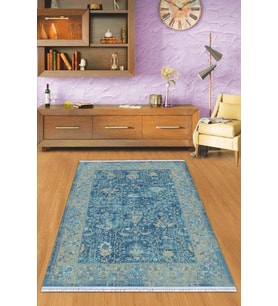 Mavi Çerçeveli Dokuma Pamuk Taban Kaymaz Kilim KLM019