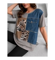 Leopar Baskılı Denim Cep Detaylı Oversize Tişört Gri
