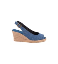 Gerçek Elişi Burnu Açık Arkası Bantlı Dolgu Topuk Mavi Keten Hasır Espadril Handmade (Saks Mavisi)