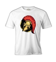 A Spartan Warrior Helmet on a Circular Background Beyaz Erkek Tshirt