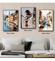 tekne köprü deniz manzaralı kadın tablosu 3 adet 35cmx50cm kumaş baskılı canvas tablo