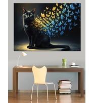 Kelebeklerden Oluşan Siyah Kedi Dekoratif Kanvas - Mdf Ahşap Tablo