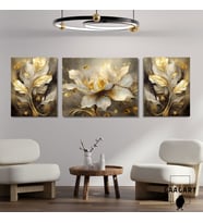 3lü Kanvas Şık Salon Duvar Tablosu Gold Sarı Beyaz Çiçek Dizayn
