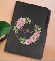 BK Gift Kişiye Özel Çiçek Tasarımlı Siyah Termo Deri Not Defteri 15x21cm-17