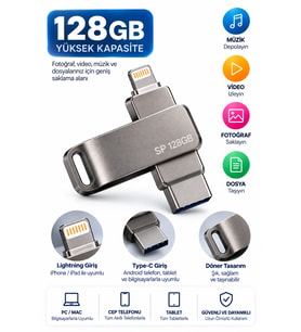 Telefon Tablet ve Bilgisayar Uyumlu 128GB Lightning Type C Çoklu Girişli USB Bellek