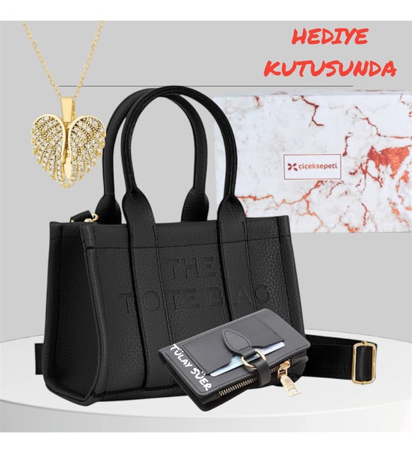 Givenza  Kişiye Özel Altın Kaplama Kadın Siyah   Ayarlanabilir Askılı Kaliteli El Ve Omuz Çantası Papatya Kolye Ve Çüzdan Hediyelidir.
