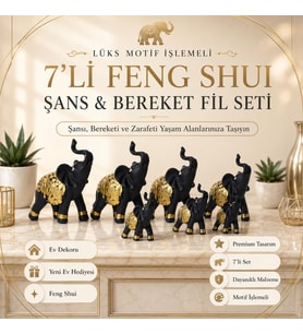 Lüks Motif İşlemeli 7'li Feng Shui Fil Biblo Şans Bereket Ev Ofis Dekoru Yeni Ev Hediyesi Premium