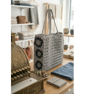 El Örgüsü Granny Square Tote Çanta - Gri & Antrasit