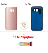 Samsung Galaxy S7 Rose Gold Renk Arka Kapak + B7000 Yapıştırıcı Arka Cam Batarya Kapağı Pil Kapağı Lazer Kesim Back Cover Galaxy S7 Uyumlu