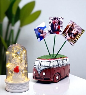 Kişiye Özel 3 Fotoğraflı Vosvos Saksı ve Led Işıklı Beyaz Melekli Fanus (Bordo)