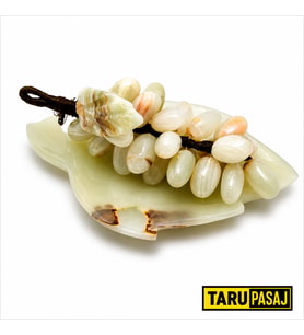 Doğal Oniks Taş Yaprak Tabak & 30 Taneli Üzüm Salkımı – Feng Shui Dekor Objesi