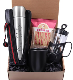 Kişiye Özel 500ml. Exclusive Çelik Termos & French Press & Siyah Kupa & Colombian Kahve Hediye Seti (Model 1)