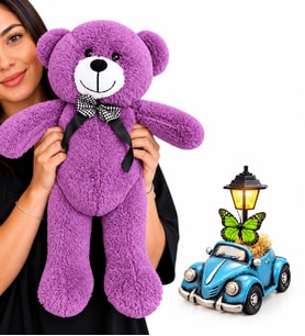 Mavi Vosvos Taksi Masa Lambası ve Büyük Boy Mor Peluş Ayıcık – Sevgiliye Doğum Günü Yıl Dönümü Hediyesi