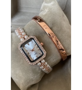 Özel Kutulu Bileklik Hediyeli Garantili İncili Taşlı Minimal Kadın Kol Saati Metal Kordon Rose Gold Renk İnce Bilege Uygun Arkadasa Sevgiliye Ablaya Anneye Eş Hanıma Teyzeye Halaya Dogum Gunu Hediyesi Kız Kardes İs İçin Hediye