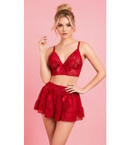 Amora Secret Kırmızı Dantel İşlemeli Kurdelalı Büstiyer Etek Takımı