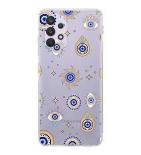 PrintiFy Samsung Galaxy A32 ile Uyumlu Nazar Boncuğu 5  Kamera Korumalı Şeffaf Silikon Kılıf