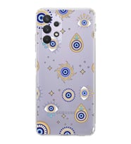 PrintiFy Samsung Galaxy A32 ile Uyumlu Nazar Boncuğu 5  Kamera Korumalı Şeffaf Silikon Kılıf