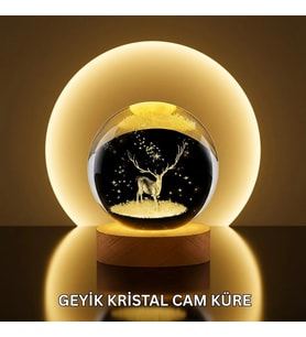 Doğal Ahşap Standlı Geyik Figürlü Kristal Küre LED Dekoratif Lamba