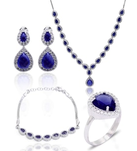 Safir Taşlı Damla Model 925 Ayar Gümüş Kadın Dörtlü Set 201025663