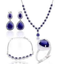 Safir Taşlı Damla Model 925 Ayar Gümüş Kadın Dörtlü Set 201025663