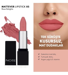 Cosmetics Mattever Lipstick 05 Rose Delights Yarı Mat Saten Bitişli Ruj, Pembe
