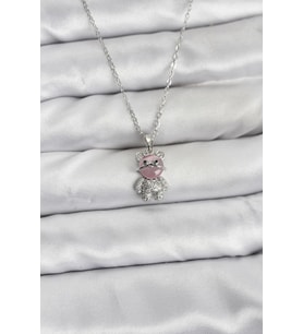316L Çelik Zincir Gümüş Renk Teddy Bear Model Zirkon Taşlı Kadın Kolye 5886