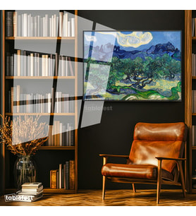 Siyah Renk Metal Çerçeveli Tamperli Cam Tablo Van Gogh Zeytin Ağaçları Mavi Dağlar Bulutlu Ressam Tablosu Duvar Dekoru