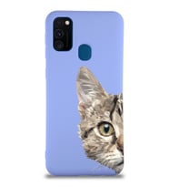 Samsung Galaxy M21 Uyumlu Lansman Kılıf Catface Tasarımlı İçi Kadife Kapak-Lila (Şeffaf)