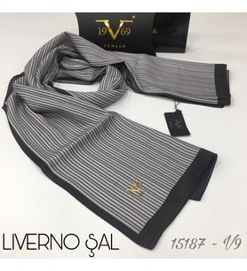 Çizgili Desen Livorno Seri Şal Eşarp Askısı ile Birlikte 75x200 cm Gri-75x200