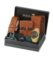 Polo Air Spor Kasa Erkek Kol Saati Cüzdan Kemer Kartlık Çakmak Kombin Gold Taba Renk PL-0991E4 (Sarı-Siyah)