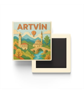 Artvin - Memleket Temalı - Paper Cut Art - Baskılı Buzdolap Magneti Kare - 9x9 cm