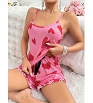 Kadın Pembe Kalp Baskılı Şortlu Gecelik Pijama Takımı 5050