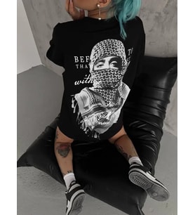 Unisex Baskılı Oversize T-Shirt - Siyah