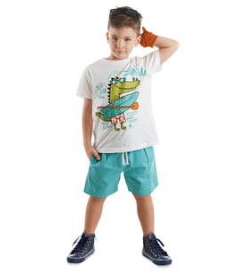 Timsah Erkek Çocuk T-shirt Gabardin Şort Takım (Beyaz-Mavi)