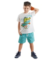 Timsah Erkek Çocuk T-shirt Gabardin Şort Takım (Beyaz-Mavi)
