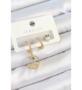 Pirinç Zirkon Taşlı Göz Ve Baykuş Model Gold Renk 3'lü Çift Kadın Küpe Set