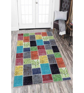 Renkli Kaymaz Tabanlı Yıkanır Patchwork Mutfak Halısı AR1059