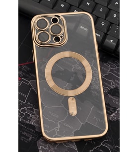 iPhone 14 Pro Max Uyumlu MagSafe Özellikli Altın Sarı Gold Renkli Kenarlı Lazerli Şeffaf Kılıf Lens Korumalı (Renksiz)