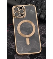 iPhone 14 Pro Max Uyumlu MagSafe Özellikli Altın Sarı Gold Renkli Kenarlı Lazerli Şeffaf Kılıf Lens Korumalı (Renksiz)