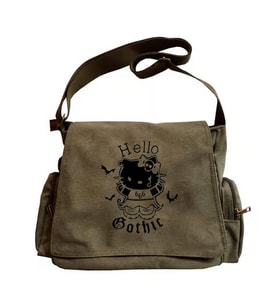 Hello Gothic Baskılı Unisex Yeşil Postacı Çantası