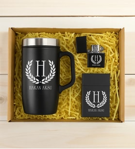 BK Gift Kişiye Özel İsimli Siyah Kulplu Termos & Çakmak & Sigara Kutusu Hediye Seti-1  Babalar Günü Hediyesi, Erkeklere Özel Hediye