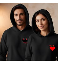Sevgililer Günü Kombin Erkek Kadın Melek Şeytan Görselli Kapüşonlu Hoodie Sweatshirt 7018 (Siyah)
